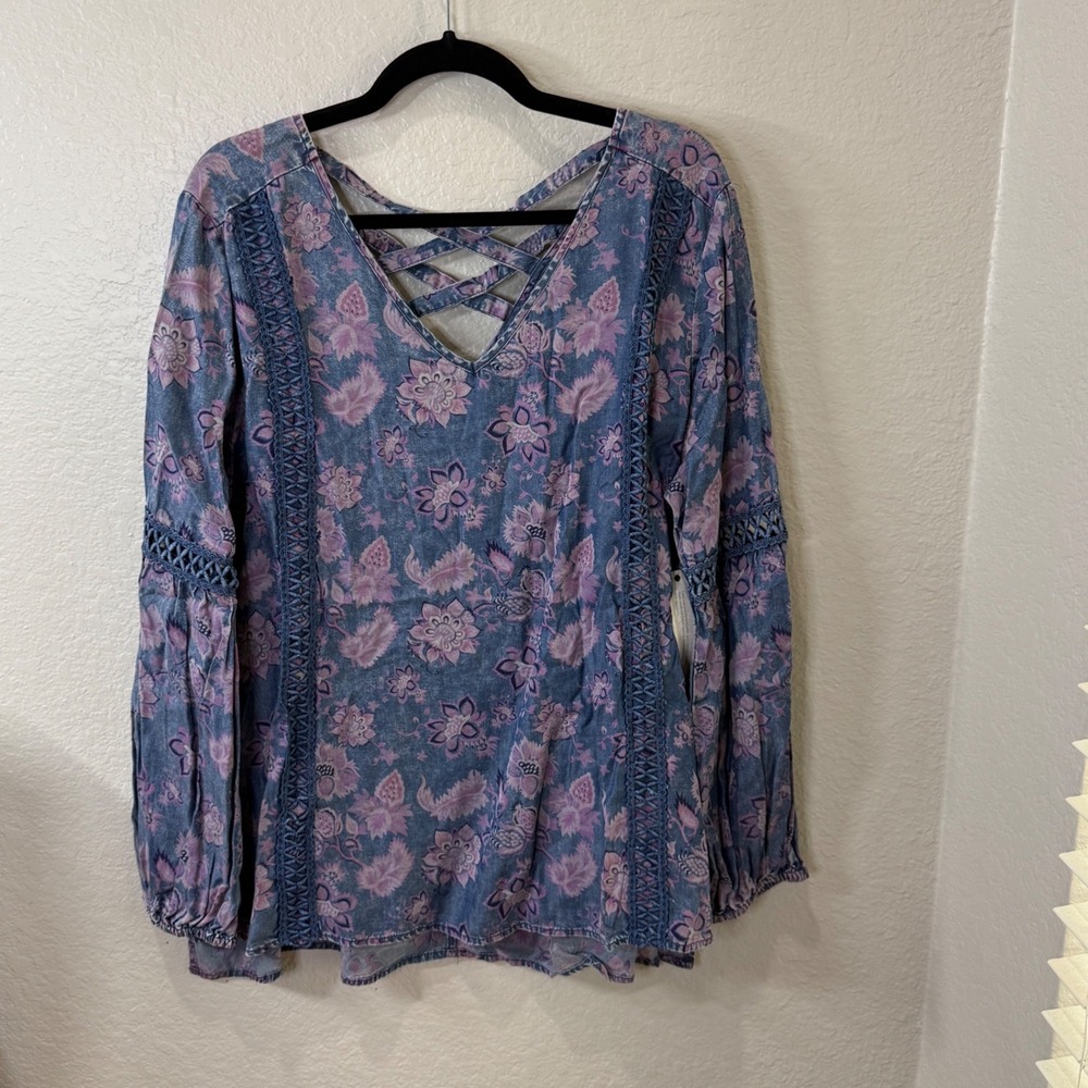 Standard Grace Floral Lyocell Blouse Blue Purple Large Fairy Cottagecore NWT